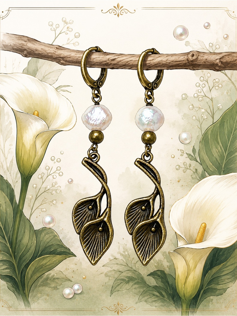 Freshwater Pearl Floral Earrings Antique Bronze Calla Lily Dangles